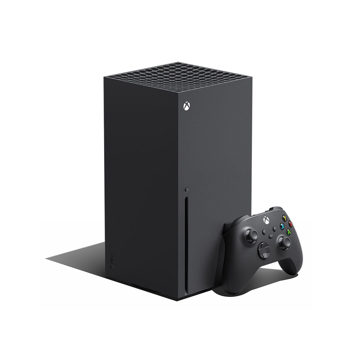 Xbox Series X console front view with controller